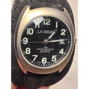 LA Gear Vintage Quartz Watch Black Dial Leather Cuff Strap Water Resistant 100ft
